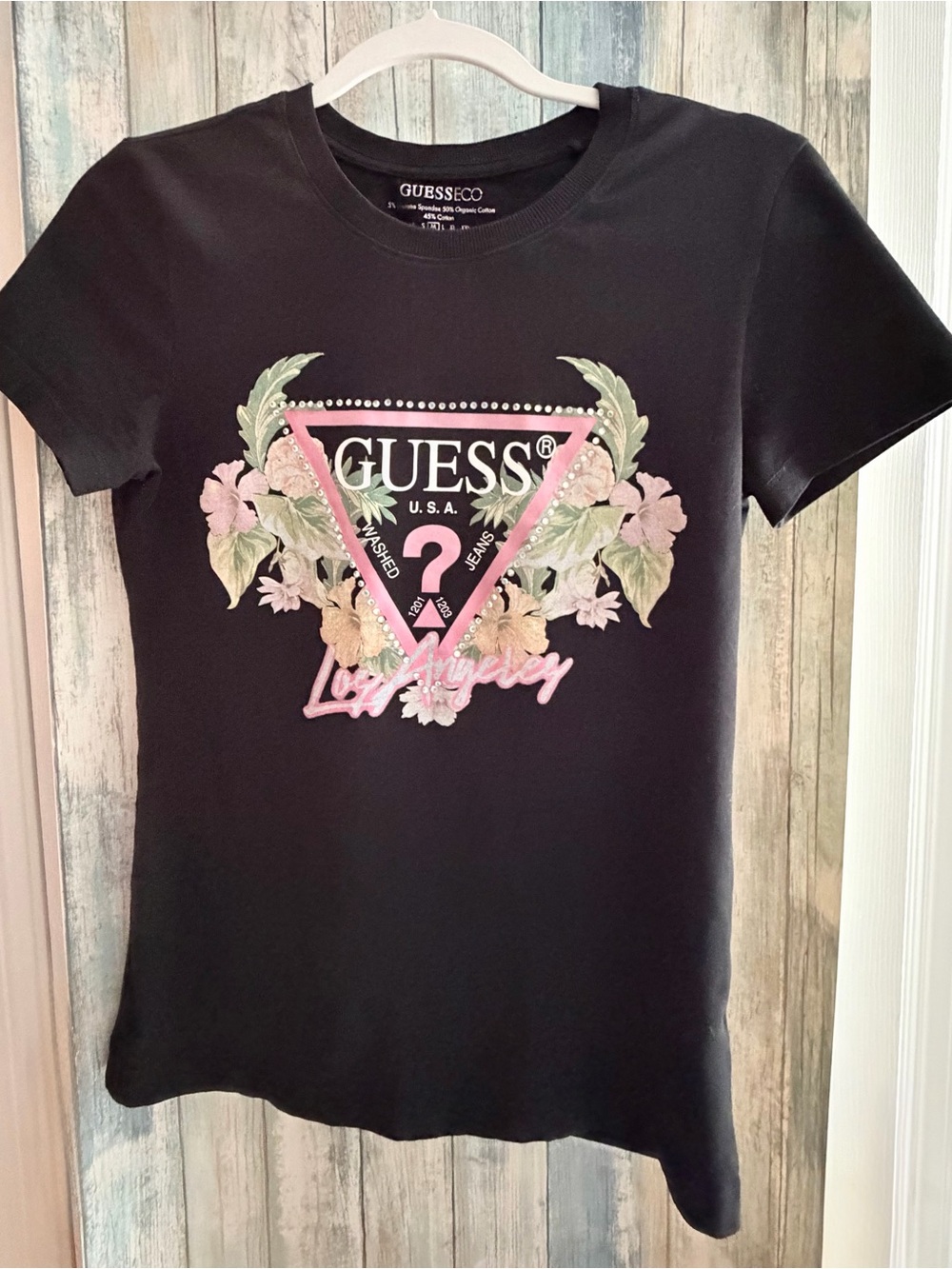 GUESS : Women’s Black Short Sleeve Tee with Pink/ Coral & Green GUESS Logo